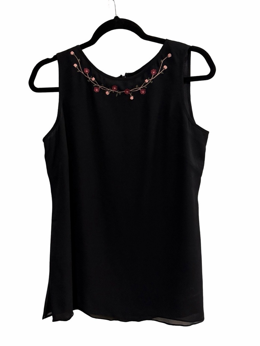 100% Silk Exterior Sleeveless Black Top with Pink Floral Embroidery